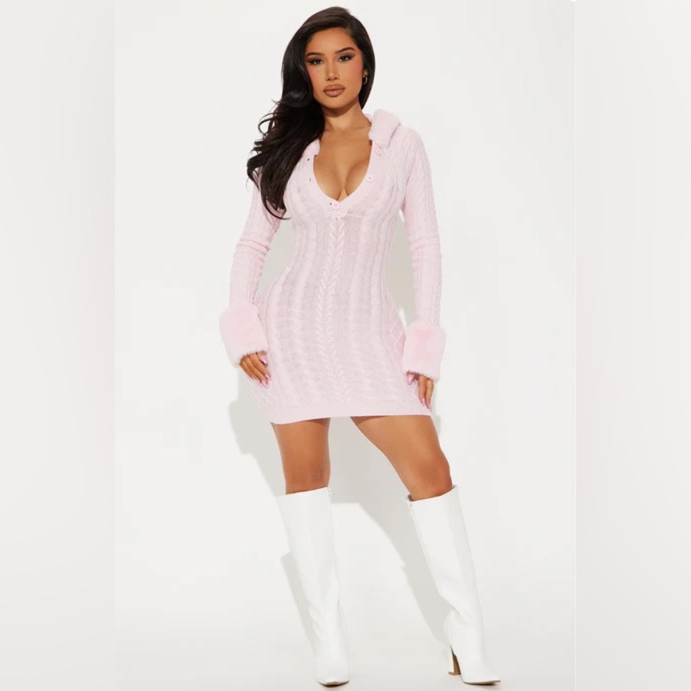 Fashion Nova Pink V-Neck Cable Knit Sweater